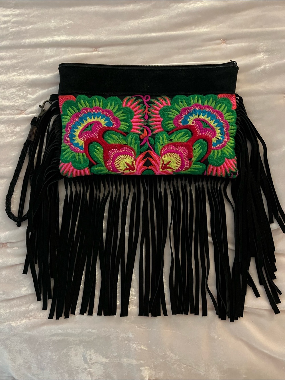 Black Fringe Wabags “Peacock” with Vibrant Embroidered Floral Panel